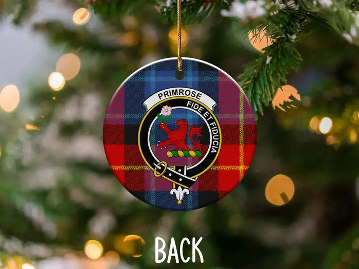 Primrose family crest ornament front view — red lion and tartan design