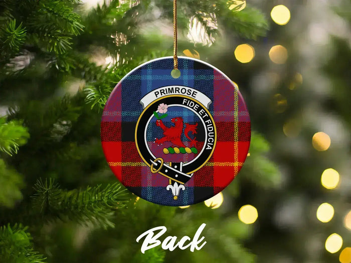 Clan Primrose ceramic Christmas ornament — fide et fiducia plaid design on tree
