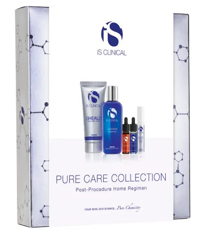 iS Clinical Pure Care Collection box showing Sheald Recovery Balm tube, Cleansing Complex bottle, and three small serum vials on white background