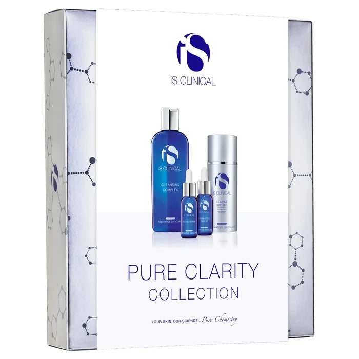 iS Clinical Pure Clarity Collection box showing Cleansing Complex bottle, Active Serum and Hydra-Cool Serum droppers, and Eclipse SPF 50+ pump bottle