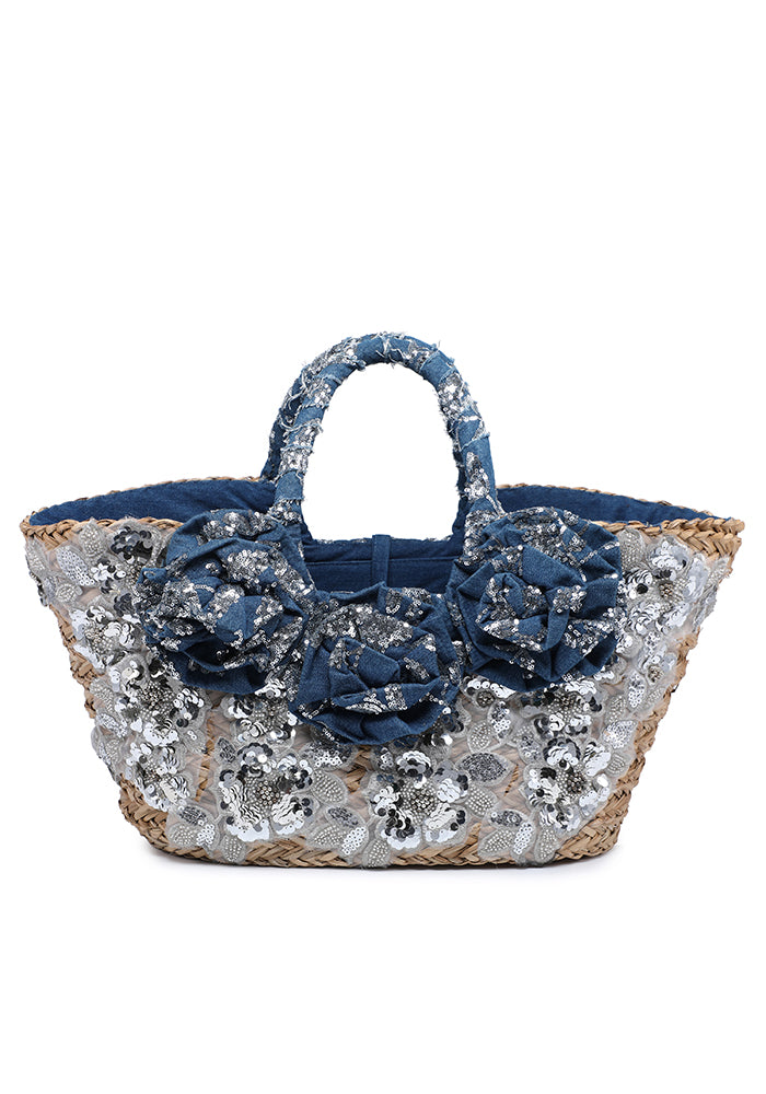 Raffia basket bag with polka dot flowers and lace detail wholesale