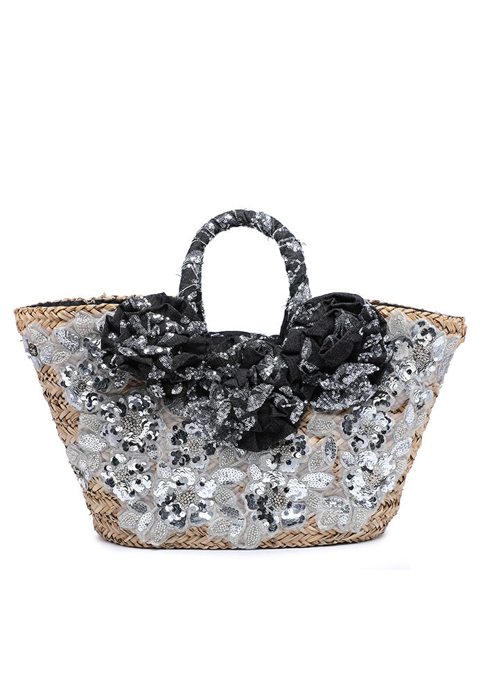 Raffia basket bag with polka dot flowers and lace detail wholesale