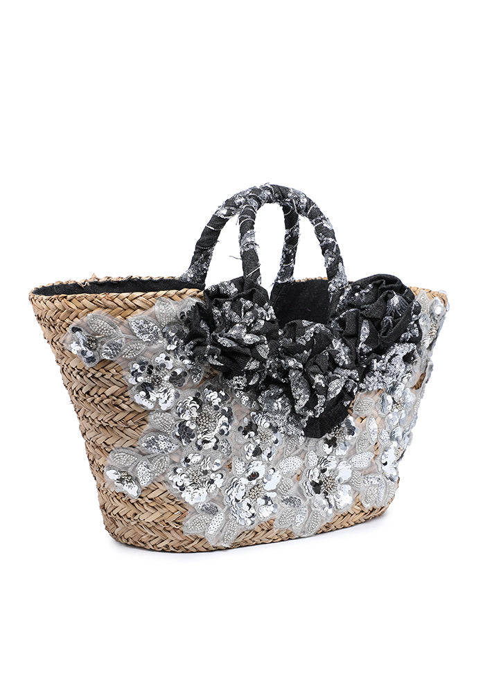 Raffia basket bag with polka dot flowers and lace detail wholesale
