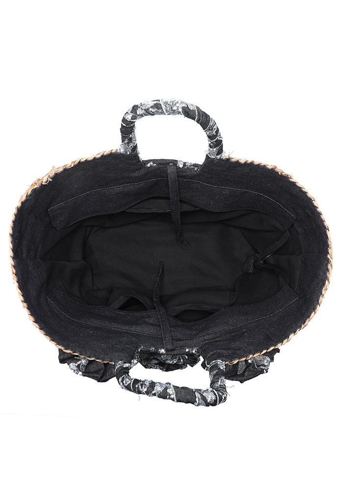 Raffia basket bag with polka dot flowers and lace detail wholesale