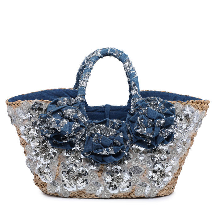 Raffia basket bag with polka dot flowers and lace detail wholesale