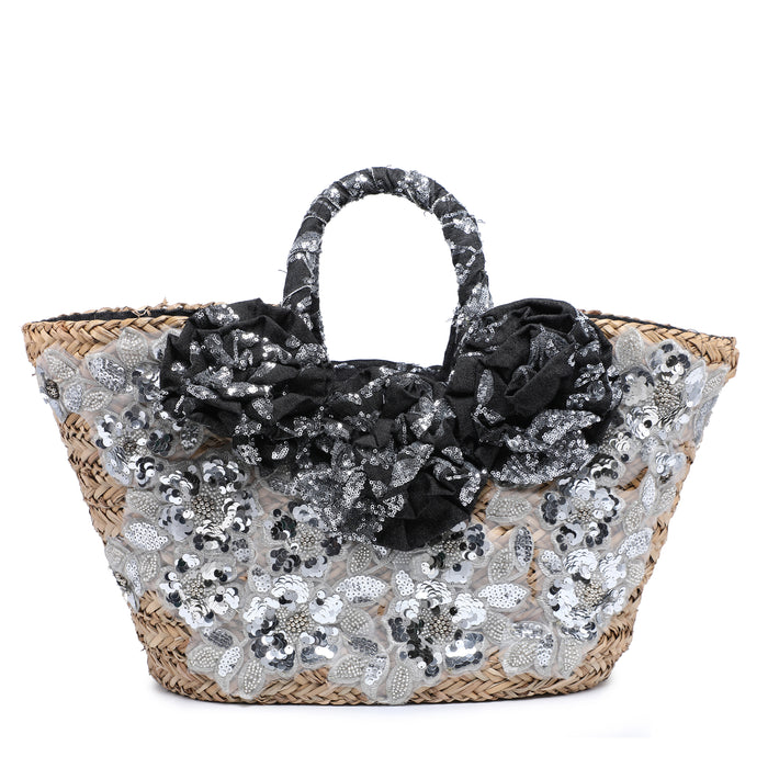 Raffia basket bag with polka dot flowers and lace detail wholesale