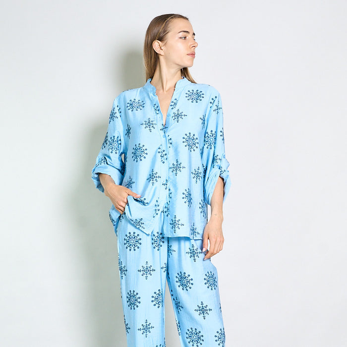Relaxed embroidered blouse with mandarin collar wholesale