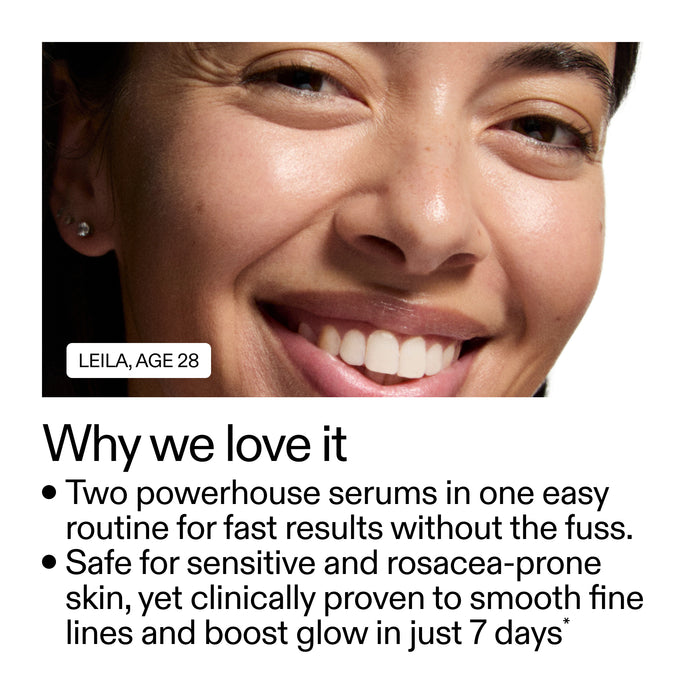 Close-up of a woman's face with a product description text overlay.