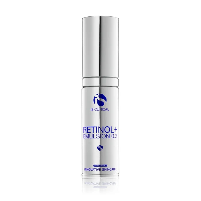 Silver pump bottle of iS Clinical Retinol+ Emulsion 0.3 with blue text on white background