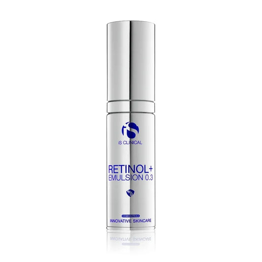 Silver pump bottle of iS Clinical Retinol+ Emulsion 0.3 with blue text on white background