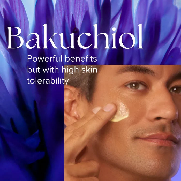 Close-up of man applying cream to cheek with blue flower background and Bakuchiol text