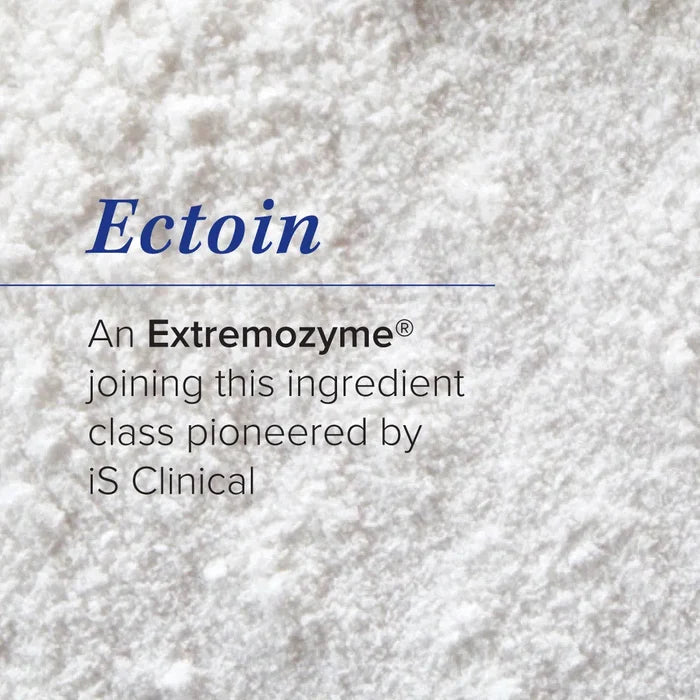 Close-up of white powder texture with text describing Ectoin as an Extremozyme ingredient pioneered by iS Clinical