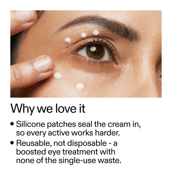 Close-up of a person's eye with small white cream dots applied around the under-eye area, with text below reading 'Why we love it' and bullet points about sealing cream and reusable use.