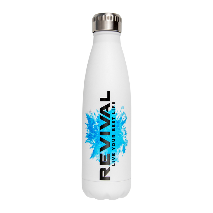 Revival Kids Stainless Steel Water Bottle 300ml in white with silver lid, blue splash graphic and "Live Your Best Life" text, white background