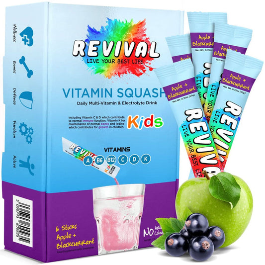 Revival Kids Vitamin Squash Apple & Blackcurrant 6 Pack box in blue and purple with sachets, green apple and blackcurrants on white background.