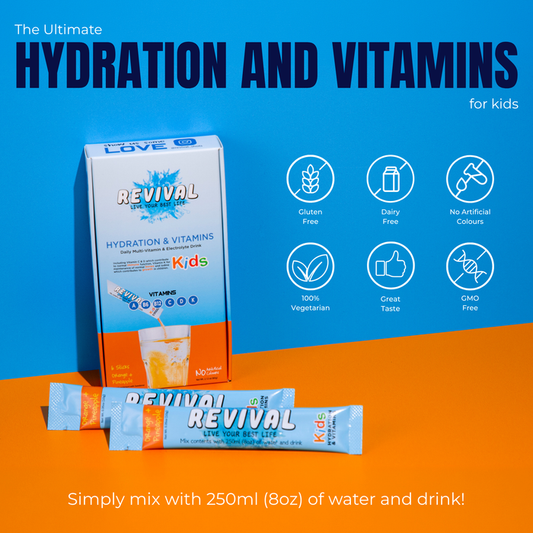 Revival Kids Vitamin Drink Orange & Pineapple 6 Pack box with sachets on blue and orange background, gluten free, dairy free, GMO free icons.