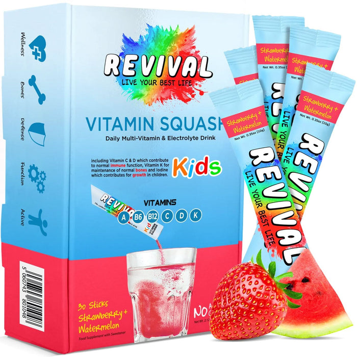 Revival Kids Vitamin Squash 30 pack box in blue and pink, showing strawberry watermelon sachets, vitamins A B6 B12 C D K, on white background.