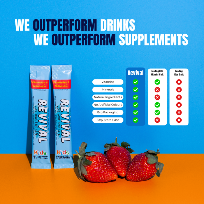 Revival Kids Vitamin Drink Strawberry & Watermelon sachets on blue and orange background with comparison chart and fresh strawberries