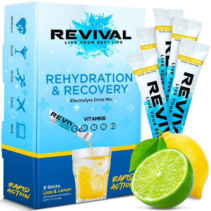 Revival Rehydration & Recovery Electrolyte Drink Mix box, Lime & Lemon, 8 sticks, blue/yellow packaging with sachet packets and citrus fruit on white background.
