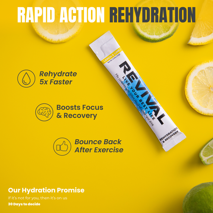Revival Rehydration & Recovery Lemon & Lime electrolyte sachet on yellow background with lemon and lime slices.