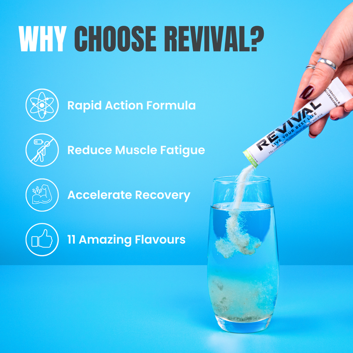 Revival Lemon & Lime electrolyte sachet being poured into a glass of water on a blue background, text reads "Why Choose Revival?"
