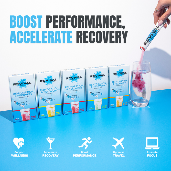 Revival Rehydration & Recovery Electrolyte Drink boxes lined up on blue surface, powder being poured into glass, white background.