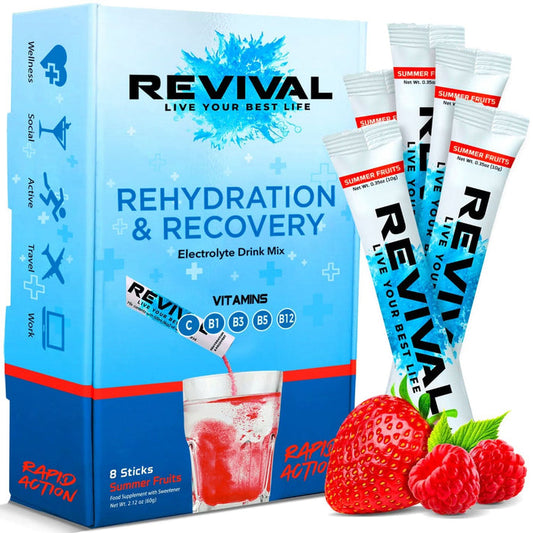 Revival Rehydration & Recovery Electrolyte Drink Mix Summer Fruits 8-pack box with sachets, strawberries and raspberries on white background.