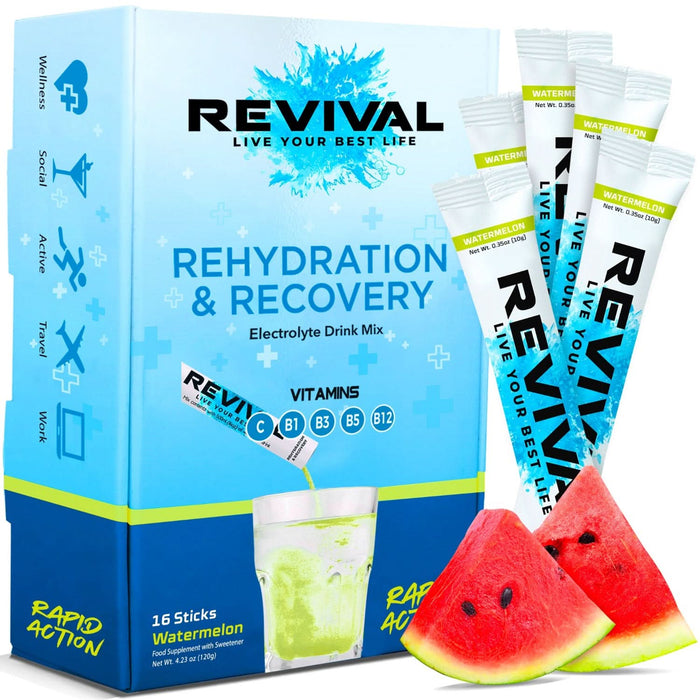 Revival Rehydration & Recovery Electrolyte Drink Mix Watermelon 16 sticks box on light blue background with sachets and watermelon slices