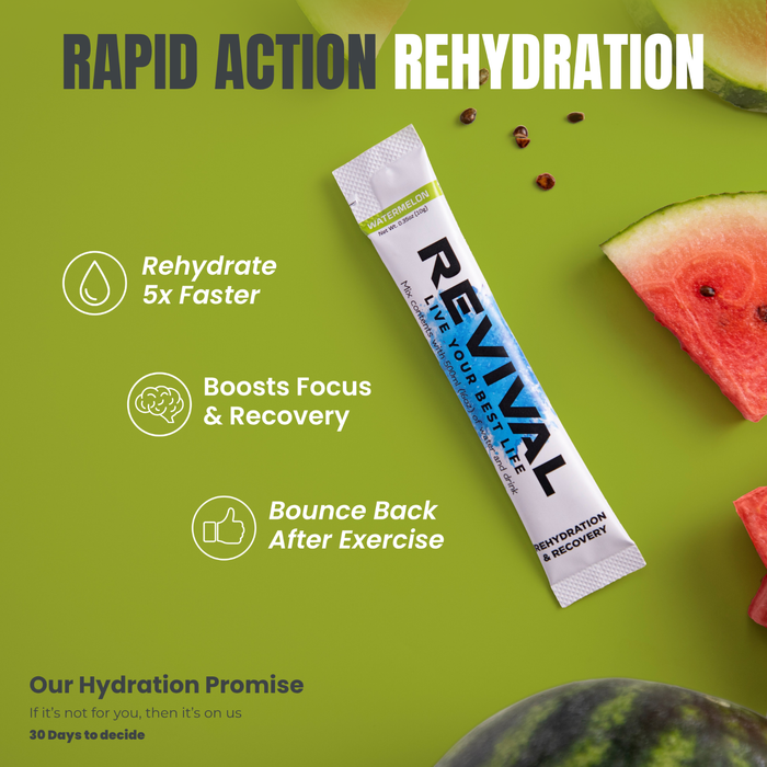 Revival Rehydration & Recovery Electrolyte Drink Watermelon sachet on green background with watermelon slices and "Rapid Action Rehydration" text.