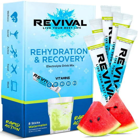 Revival Rehydration & Recovery Electrolyte Drink Mix Watermelon 8 sticks box with sachets and watermelon slices on white background