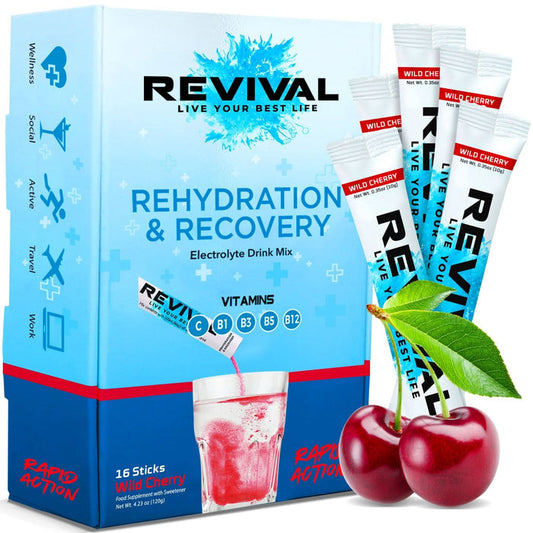 Revival Rehydration & Recovery Electrolyte Drink Wild Cherry 16-pack box in light blue, with stick sachets and fresh cherries on white background.