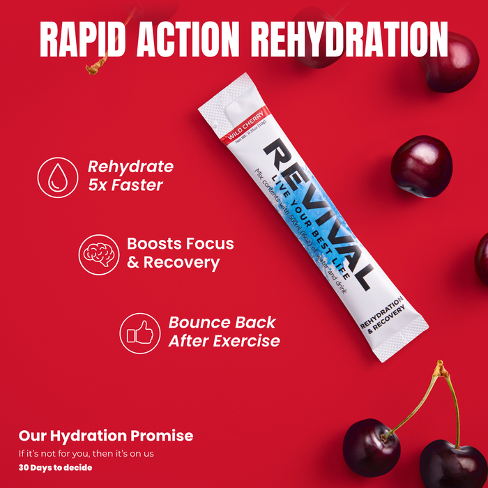 Revival Rehydration & Recovery Wild Cherry electrolyte sachet on red background with cherries, text reads "Rapid Action Rehydration"