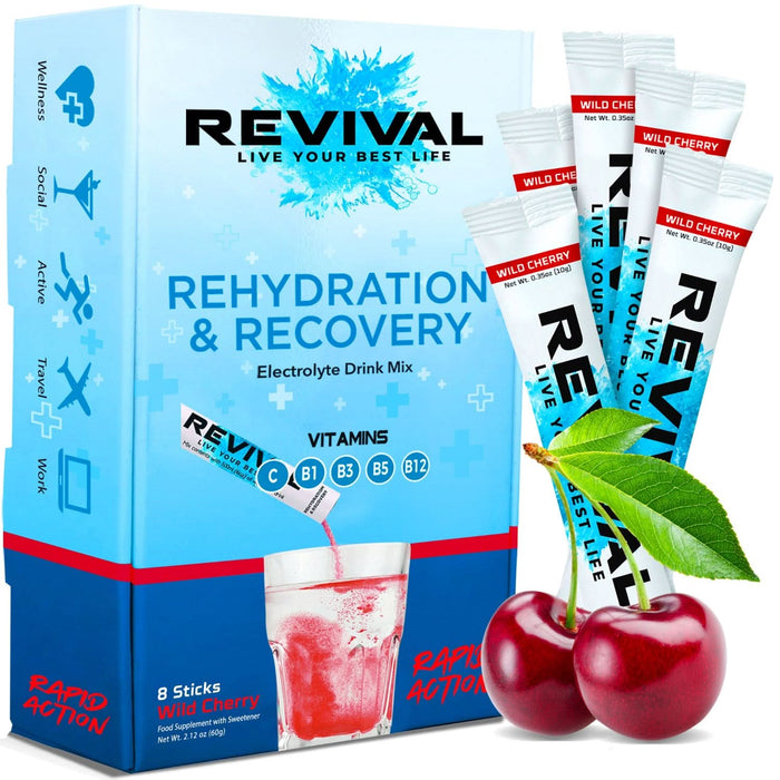 Revival Rehydration & Recovery Electrolyte Drink Wild Cherry 8-pack box with sachet sticks and cherries on white background.