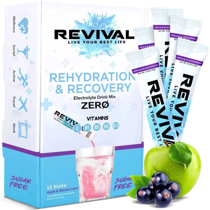 Revival Rehydration & Recovery ZERO Electrolyte Drink Mix box, Apple & Blackcurrant, 12 sticks, white/blue/purple, green apple and blackcurrants shown