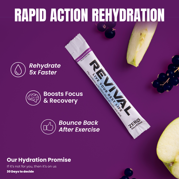 Revival Rehydration ZERO Apple Blackcurrant electrolyte sachet on purple background with fresh apple slices and blackcurrants.