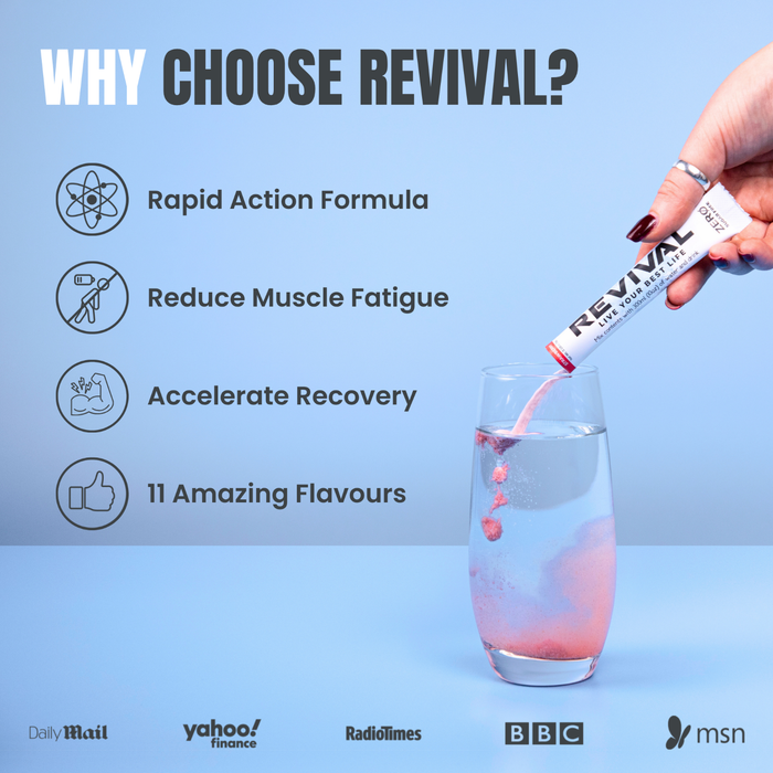 Revival ZERO electrolyte sachet poured into a glass of water on a blue background, text reads "Why Choose Revival?"