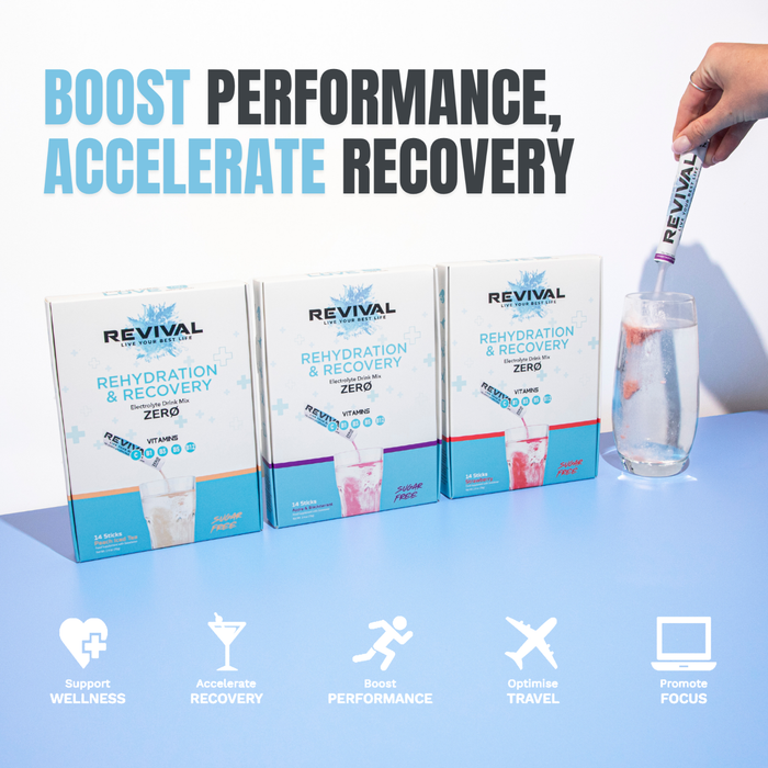Revival Rehydration & Recovery ZERO Electrolyte Drink boxes on blue surface, hand dropping stick into glass, white background