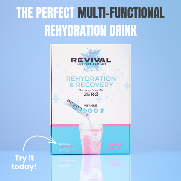 Revival Rehydration & Recovery ZERO Electrolyte Drink box on blue background, showing sachet pouring pink drink into glass, Sugar Free label.