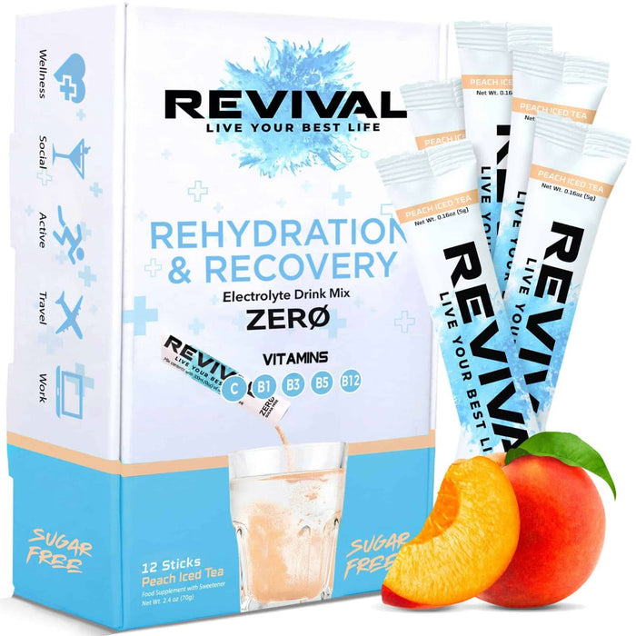 Revival Rehydration & Recovery ZERO Electrolyte Drink Peach Iced Tea 12-pack box with sachets and peach fruit on white background.