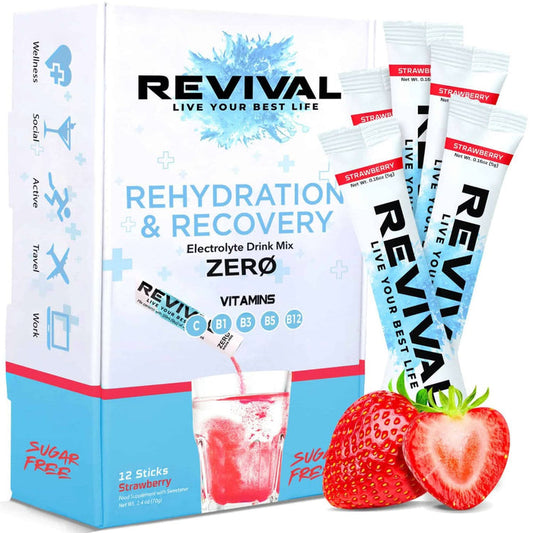 Revival Rehydration & Recovery ZERO Electrolyte Drink Strawberry 12 pack white box with stick sachets and strawberries on white background