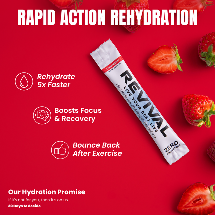 Revival Rehydration ZERO Strawberry electrolyte sachet on red background with fresh strawberries, text reads "Rapid Action Rehydration"