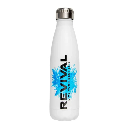 Revival Stainless Steel Water Bottle 500ml in white with silver lid, featuring "Revival Live Your Best Life" text and blue splash graphic, white background.