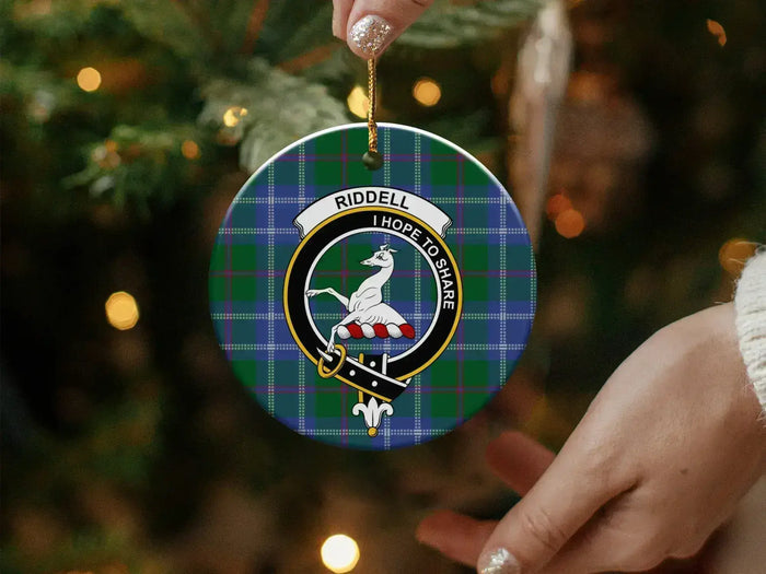 Riddell clan Hope to Share tartan ornament — glossy UV print, gold hanging string included