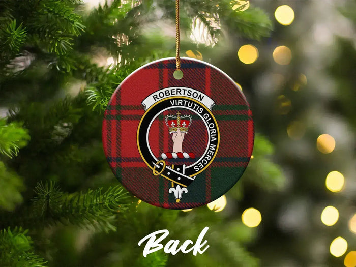 Clan Robertson ceramic Christmas ornament — red plaid with clan crest, on tree