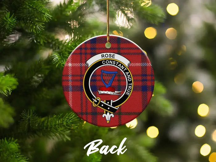 Clan Rose ceramic Christmas ornament — red plaid with clan crest, on tree