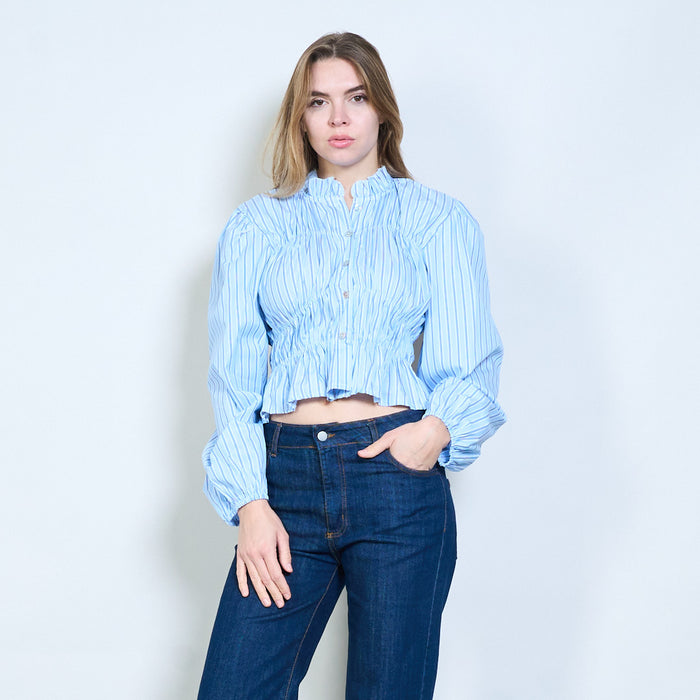 Ruffle collar cropped blouse with striped pattern wholesale