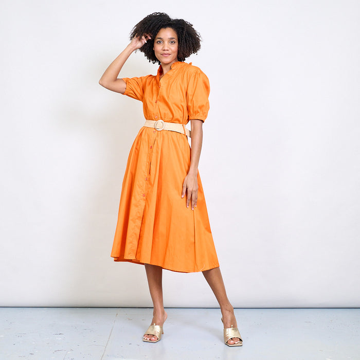 Ruffled neckline puff sleeve belted shirt dress wholesale