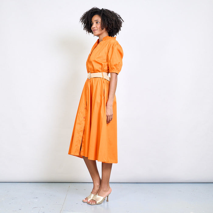 Ruffled neckline puff sleeve belted shirt dress wholesale