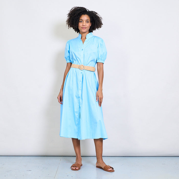 Ruffled neckline puff sleeve belted shirt dress wholesale