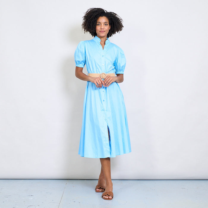 Ruffled neckline puff sleeve belted shirt dress wholesale